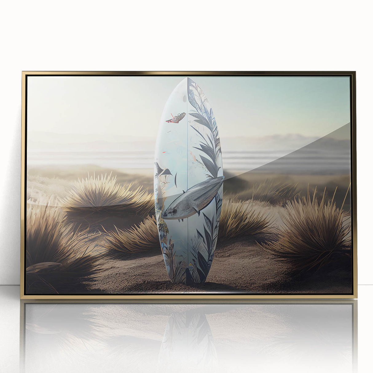 Mid-century modernist art depicting a Caribbean scenery in vibrant blue and green tones, framed in gold acrylic.