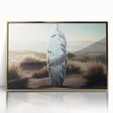 Mid-century modernist art depicting a Caribbean scenery in vibrant blue and green tones, framed in gold acrylic.