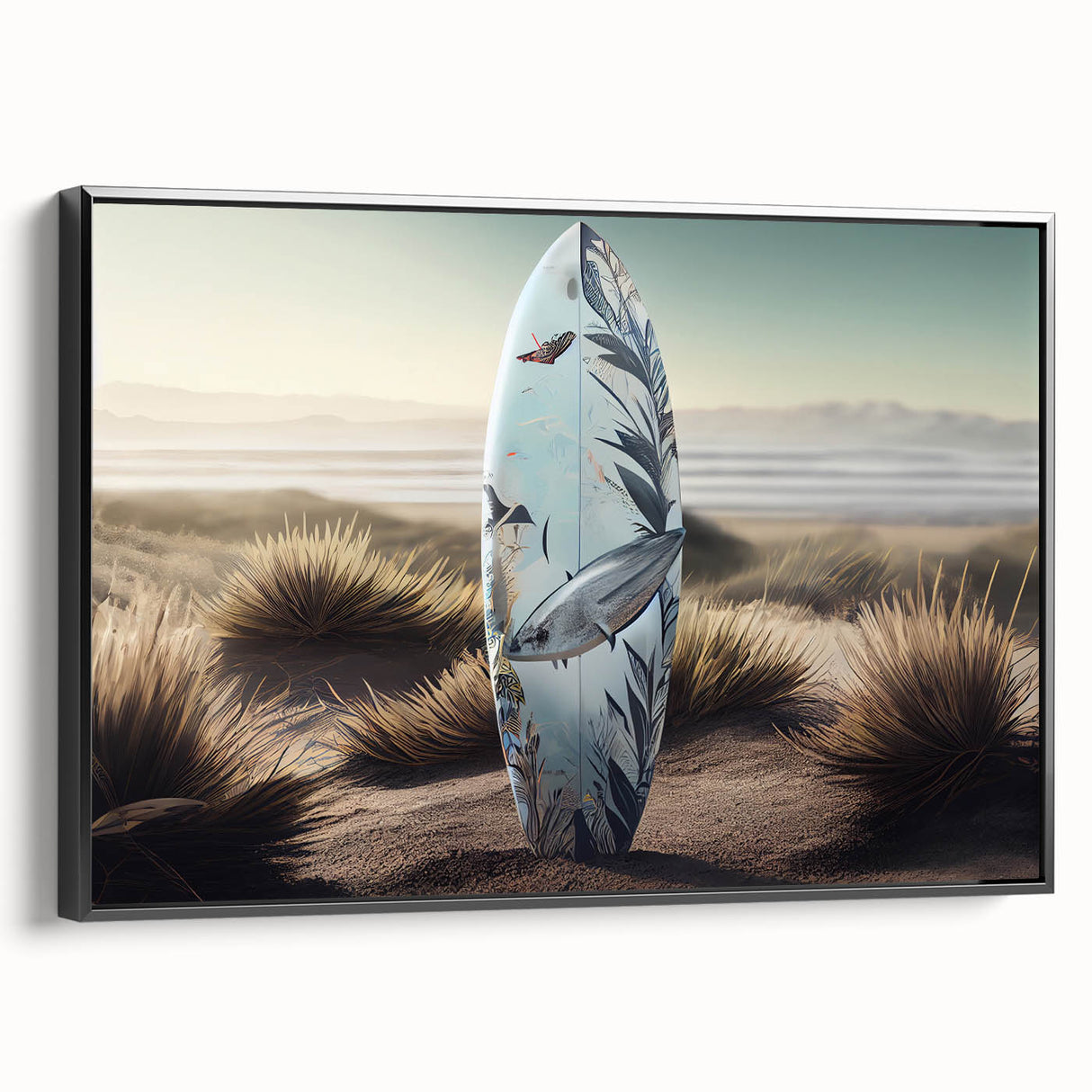 Black and white framed canvas of a vintage Caribbean landscape, ideal for bedroom wall art.