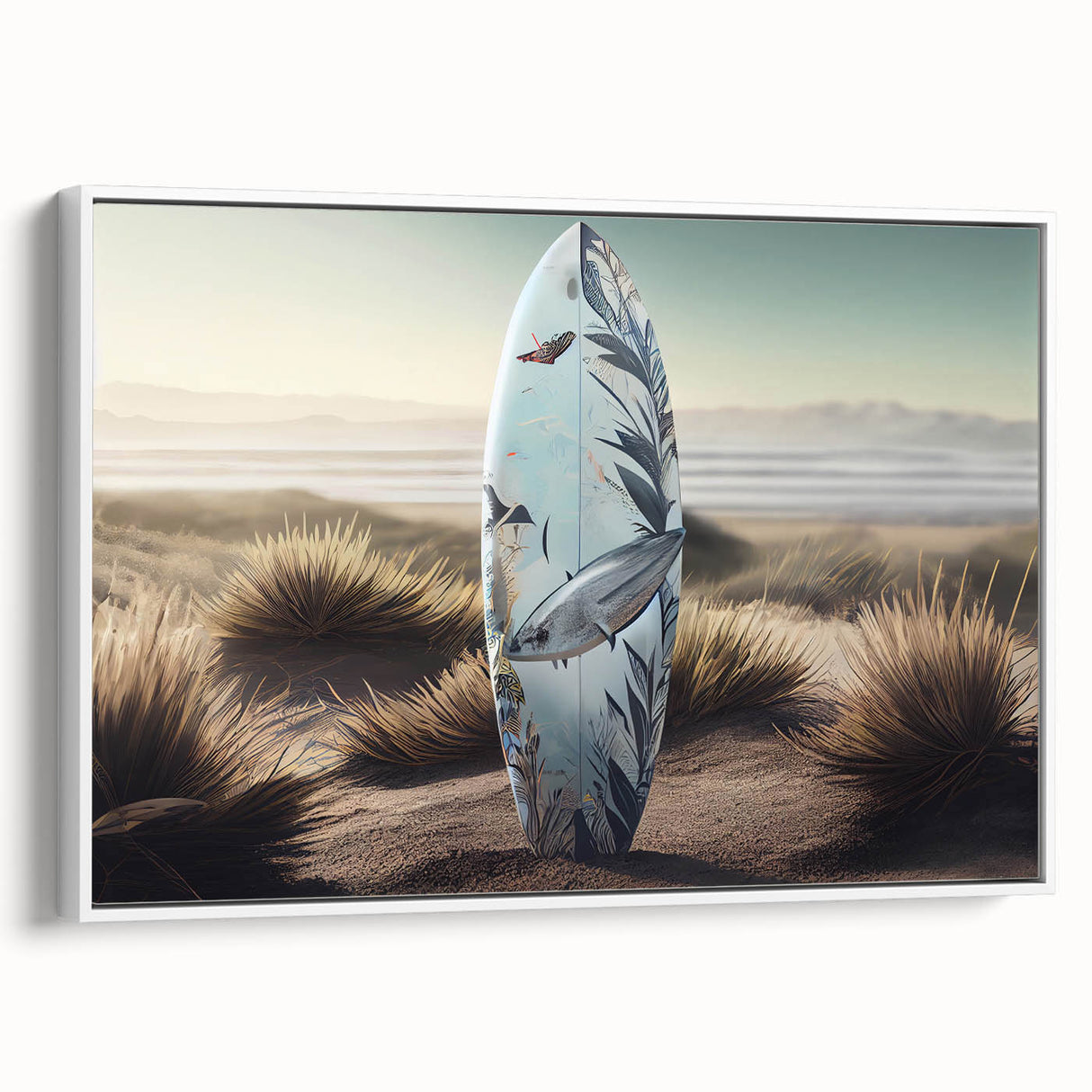 Vintage poster art of a Caribbean beach scene on a framed canvas, featuring vibrant blue and green tones.