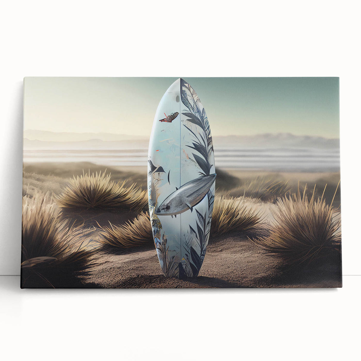 Large black and white stretched canvas of a Caribbean beach scene, ideal for kitchen wall art.
