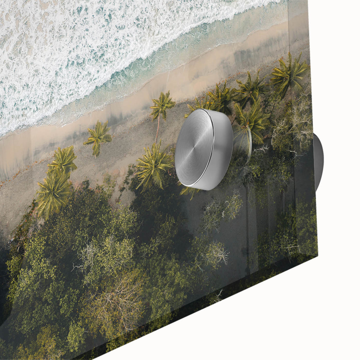 Large abstract wall art of Caribbean scenery in vibrant blue and green tones on acrylic glass, ideal for dining room art.