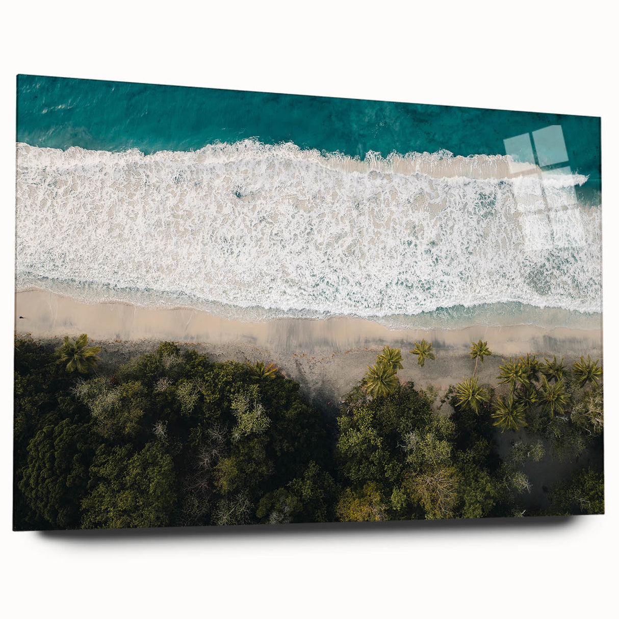 Large abstract wall art of Caribbean scenery in vibrant blue and green tones on acrylic glass.