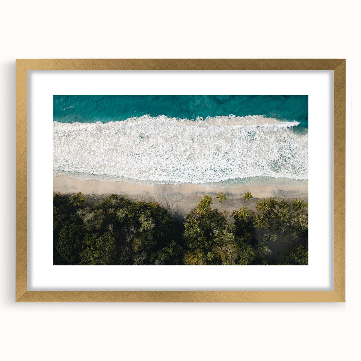 Textured art print of an abstract Caribbean scenery in muted blue and green hues, framed in gold, ideal for bedroom decor.