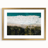 Textured art print of an abstract Caribbean scenery in muted blue and green hues, framed in gold, ideal for bedroom decor.