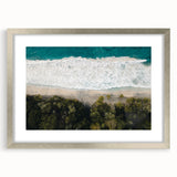 Abstract art print of Caribbean scenery in silver frame, featuring cool blue and green tones, suitable for dining room decor.