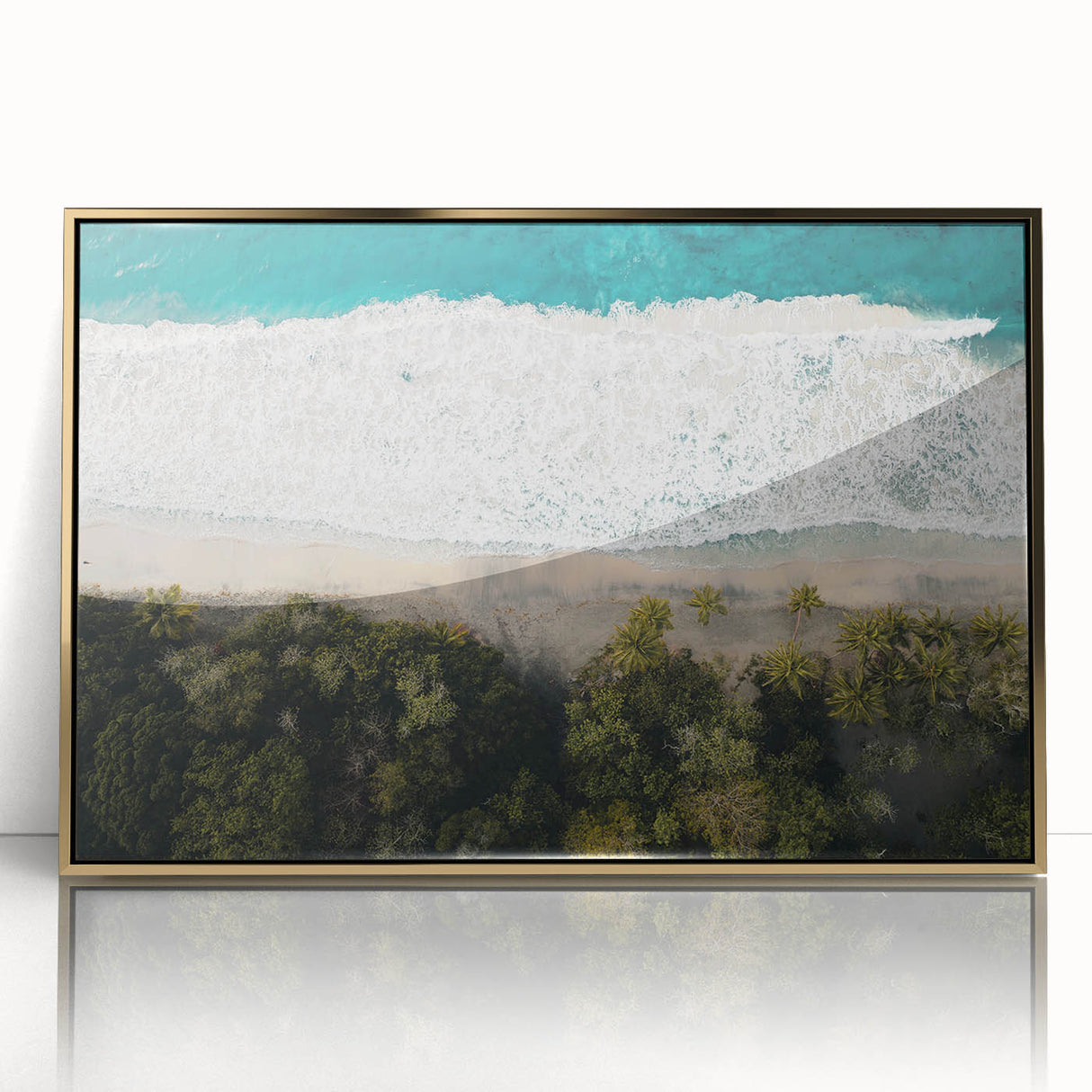 Mid-century modernist art depicting a Caribbean scenery in muted blue and green tones on a framed acrylic print.