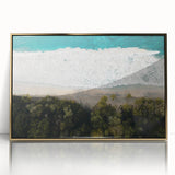 Mid-century modernist art depicting a Caribbean scenery in muted blue and green tones on a framed acrylic print.