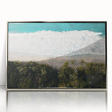 Art deco poster of a Caribbean Martinique scenery in muted blue and green tones, framed in silver acrylic.