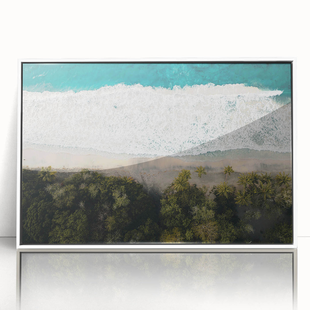 Large art print of a Caribbean Martinique scenery in mid-century modernist style, framed in white acrylic.