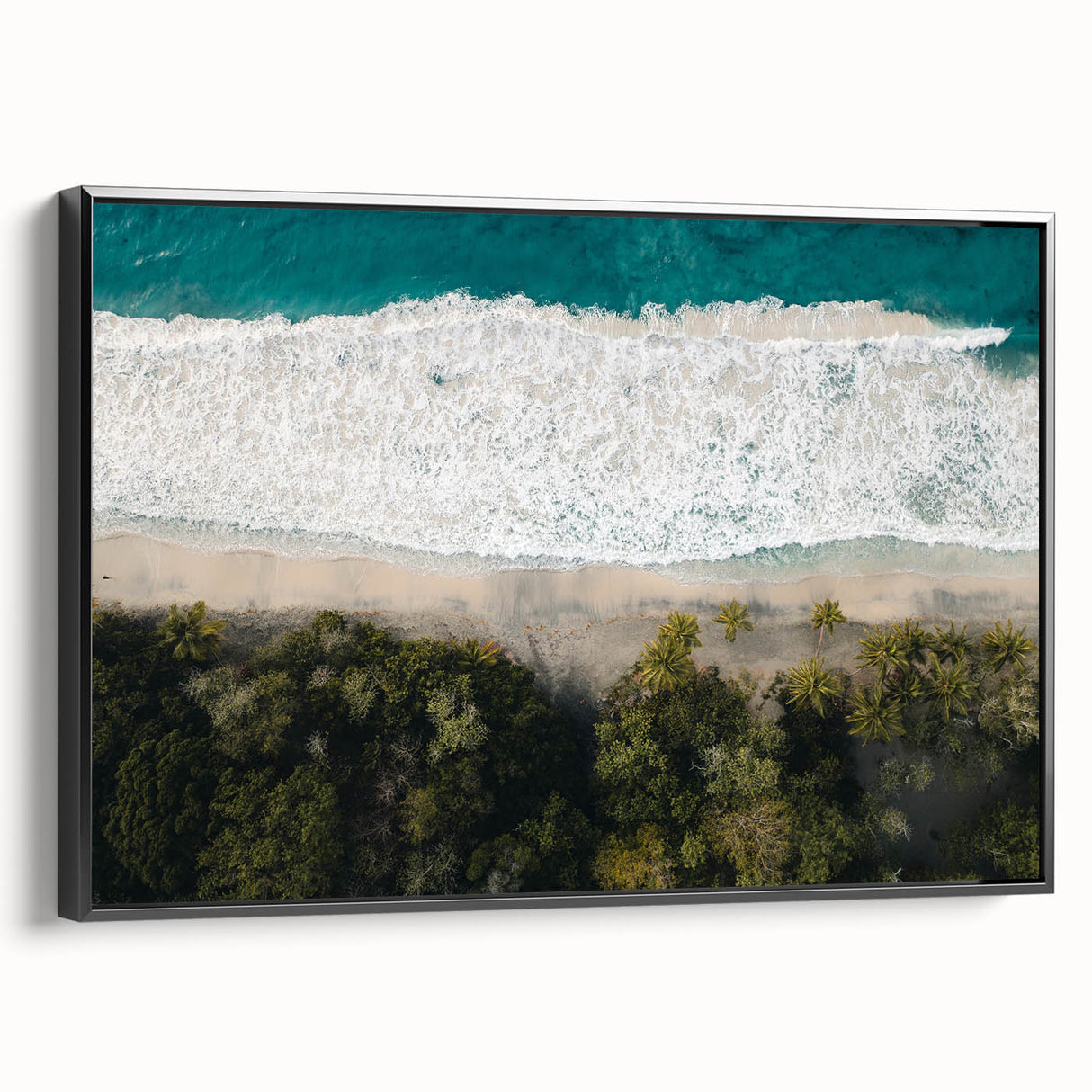 Black and white framed canvas of a vintage Caribbean landscape, ideal for bedroom wall art.