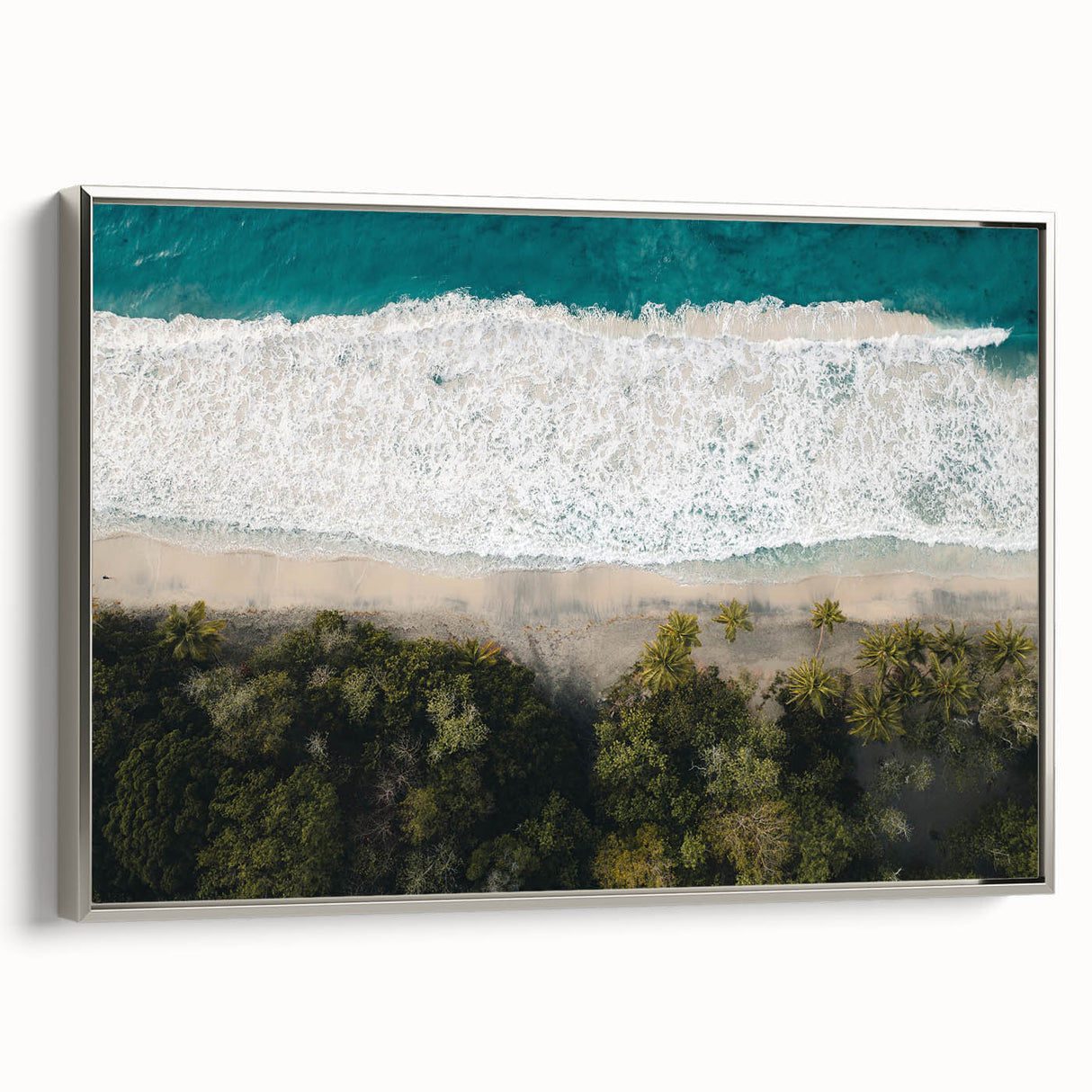 Framed canvas of a vintage-style Caribbean landscape in muted black and gray tones, ideal for bedroom wall art.