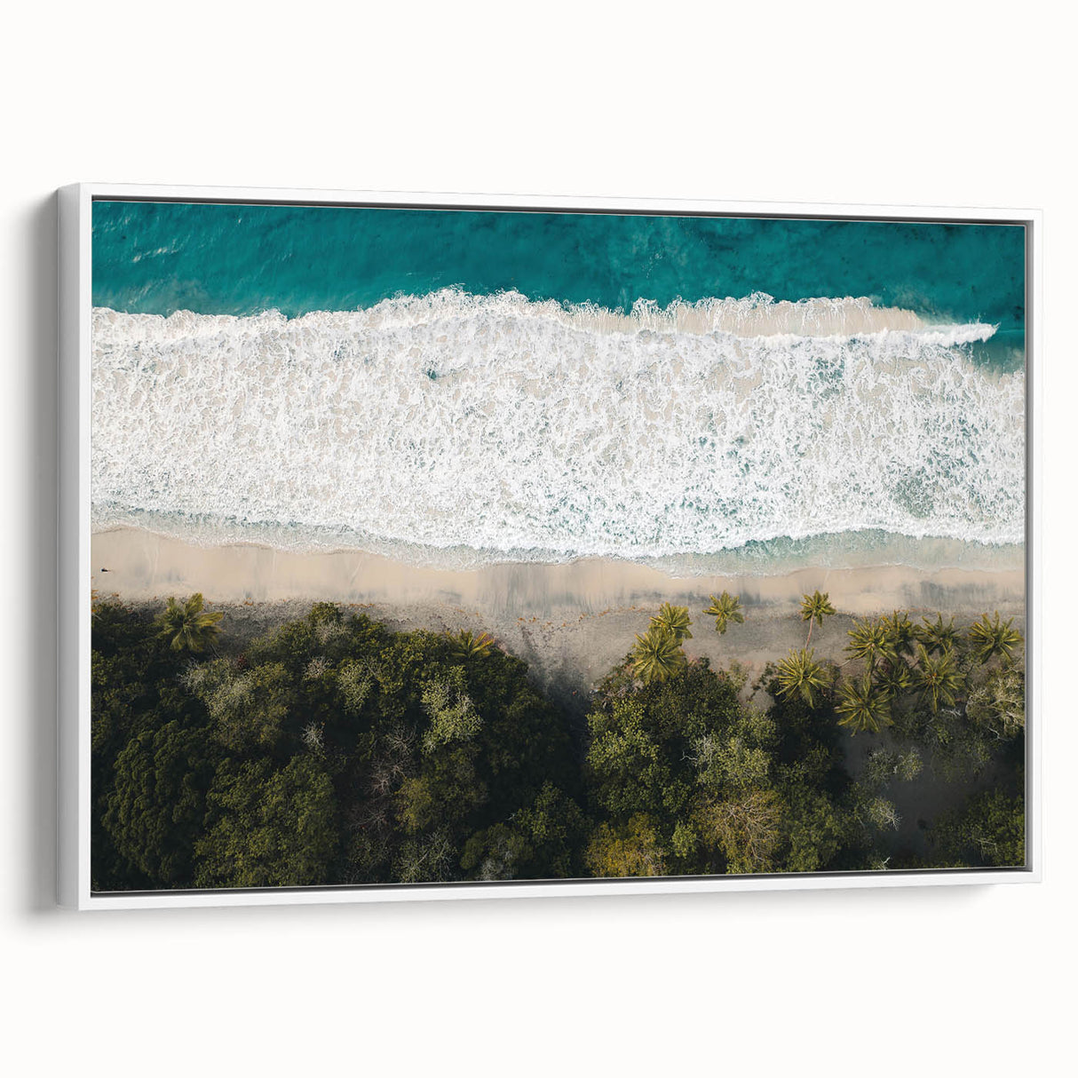 Framed canvas landscape art painting of a Caribbean beach with vivid blue and green tones and vintage poster style.