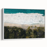 Framed canvas landscape art painting of a Caribbean beach with vivid blue and green tones and vintage poster style.