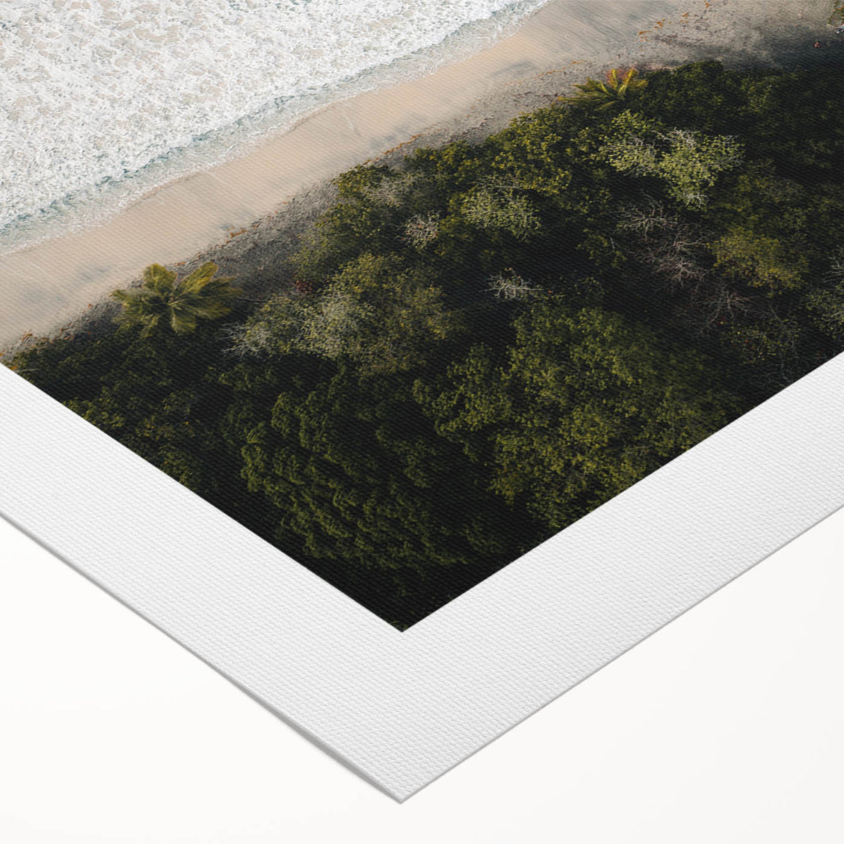 Art deco poster depicting a serene Caribbean Martinique scenery in soft blue and green tones on rolled canvas.