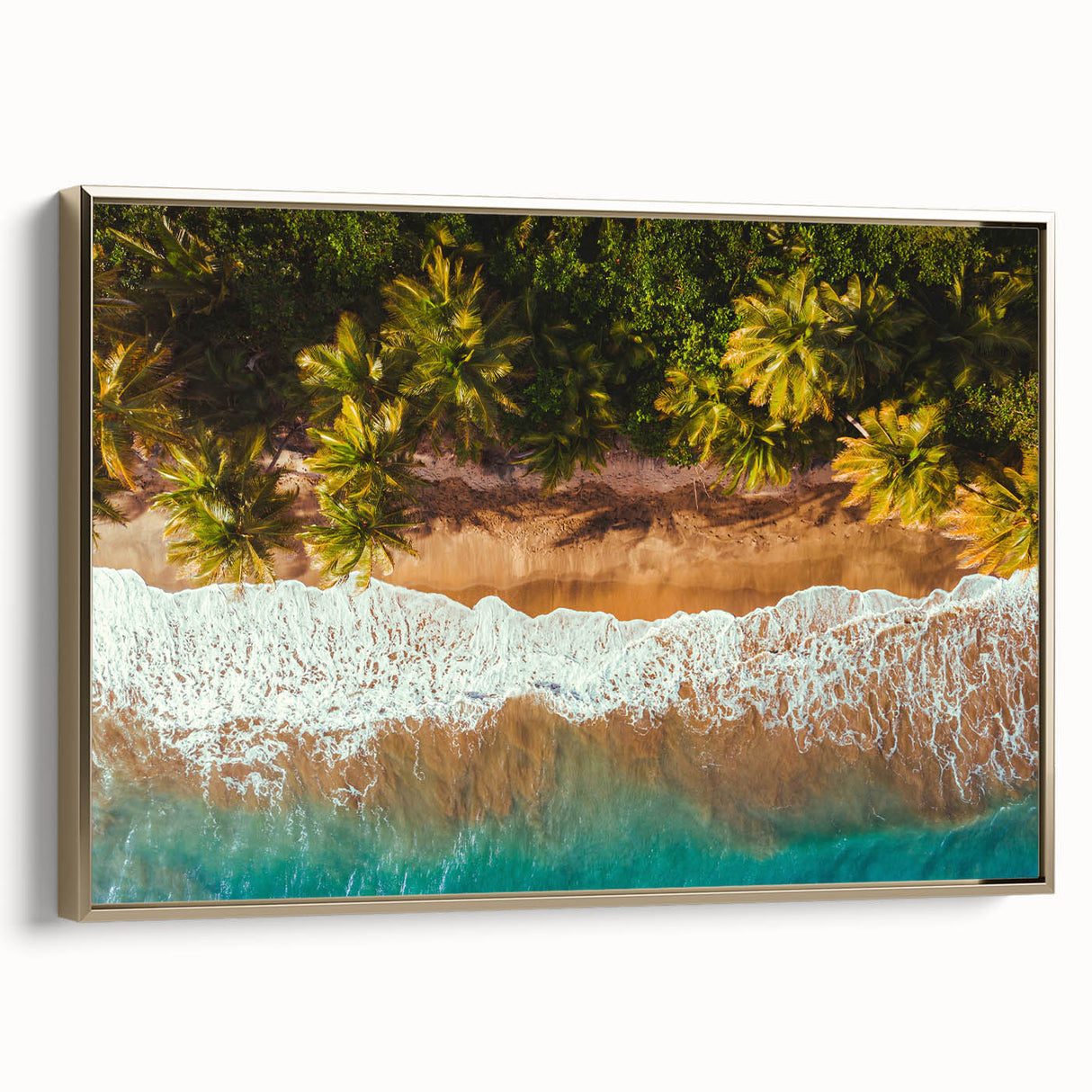 Framed canvas featuring a vintage-style landscape of the Caribbean in muted gold and black tones, ideal for bedroom wall art.