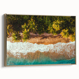 Framed canvas featuring a vintage-style landscape of the Caribbean in muted gold and black tones, ideal for bedroom wall art.