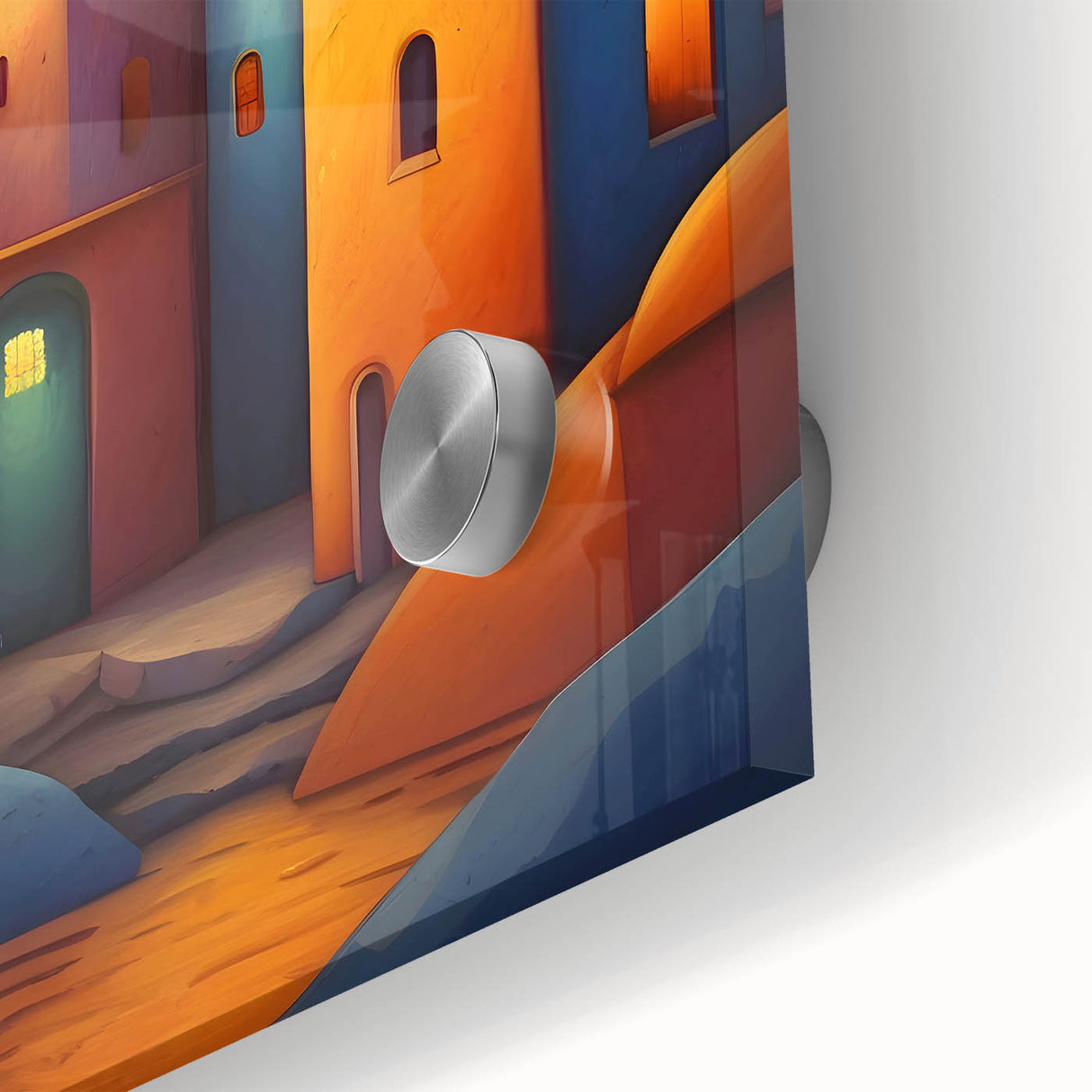 Large abstract wall art featuring a mid-century modernist style with vibrant hues of teal and orange on acrylic glass.