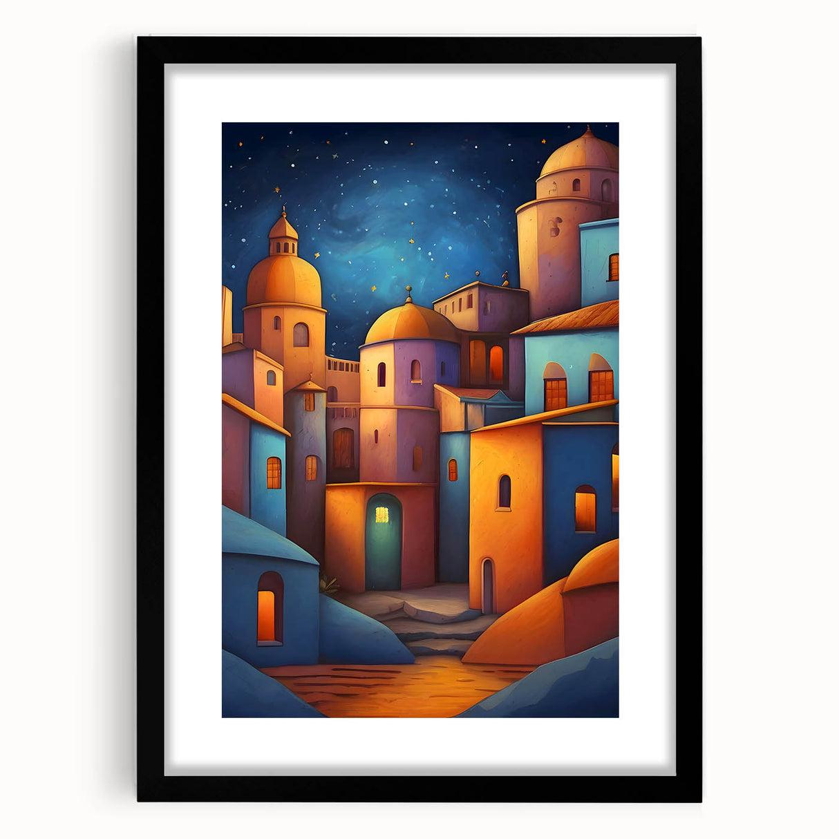 Extra large abstract art print of Central American scenery in vibrant colors on a textured black framed canvas.