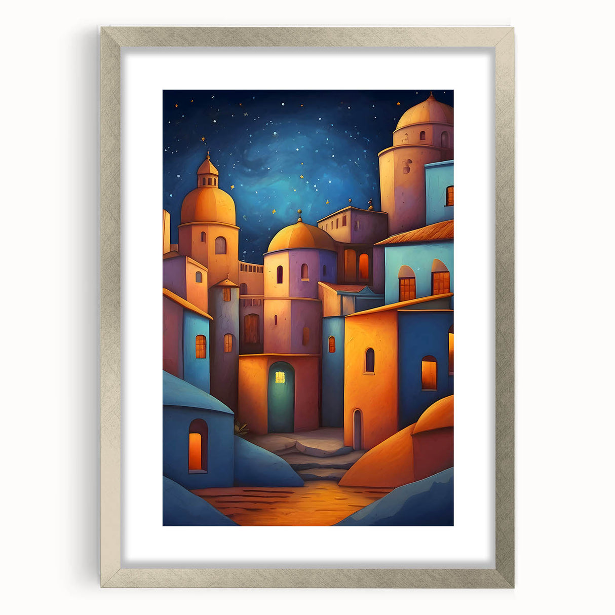 Textured abstract art print of a Central American scenery in muted earth tones, framed in silver, suitable for bedroom decor.