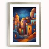 Textured abstract art print of a Central American scenery in muted earth tones, framed in silver, suitable for bedroom decor.