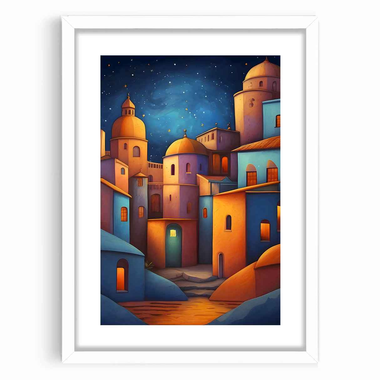 Abstract art print featuring a vibrant scene of El Salvador in a white framed mat, ideal for dining room decor.