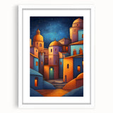 Abstract art print featuring a vibrant scene of El Salvador in a white framed mat, ideal for dining room decor.