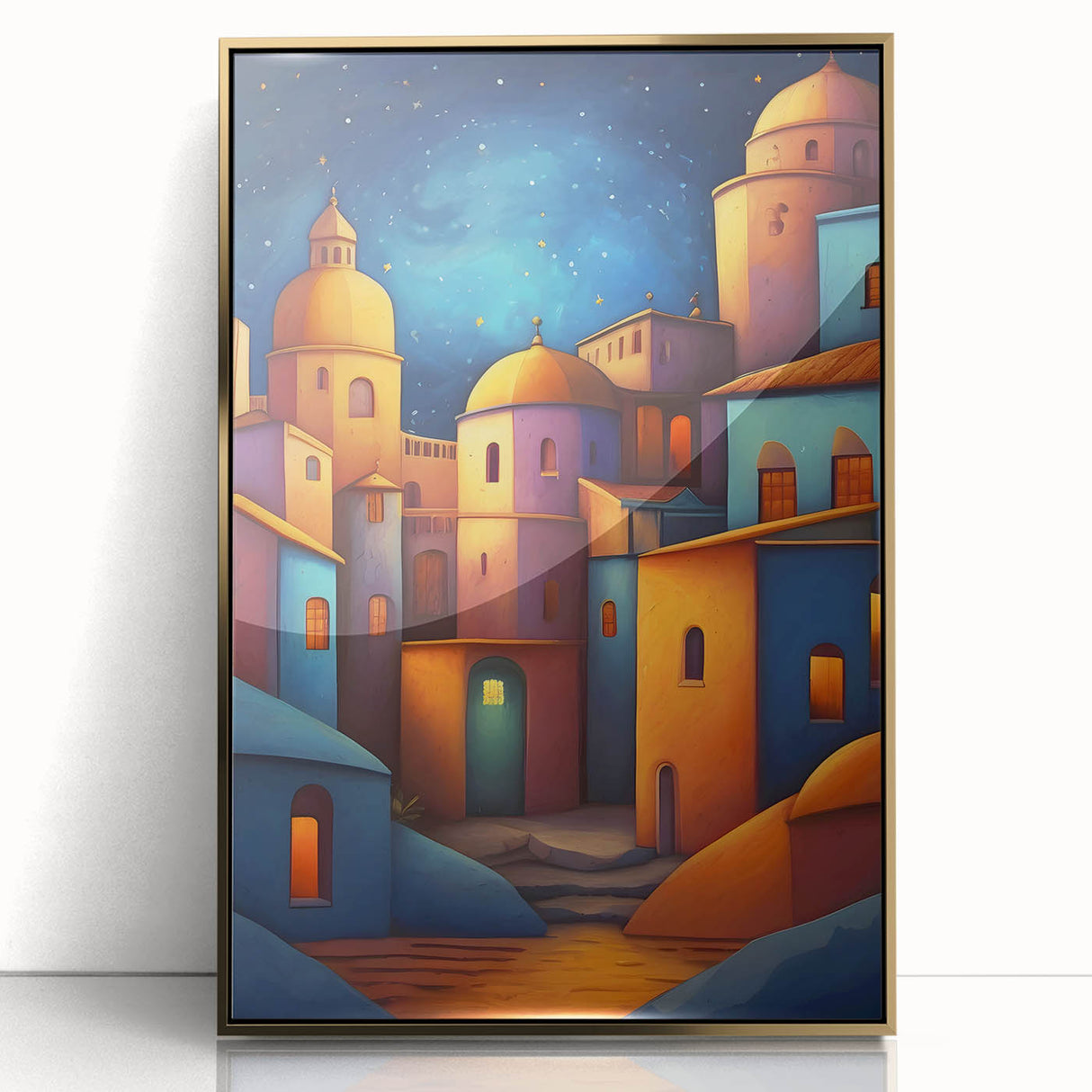 Mid-century modernist acrylic print of a Central American scenery in gold frame, ideal for nursery wall art.
