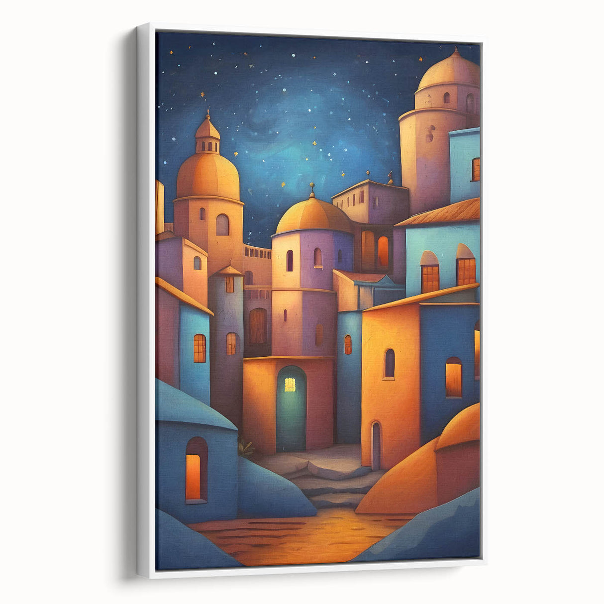 Vintage poster art of a Central American scenery in vibrant colors on a large framed canvas, suitable for living room decor.