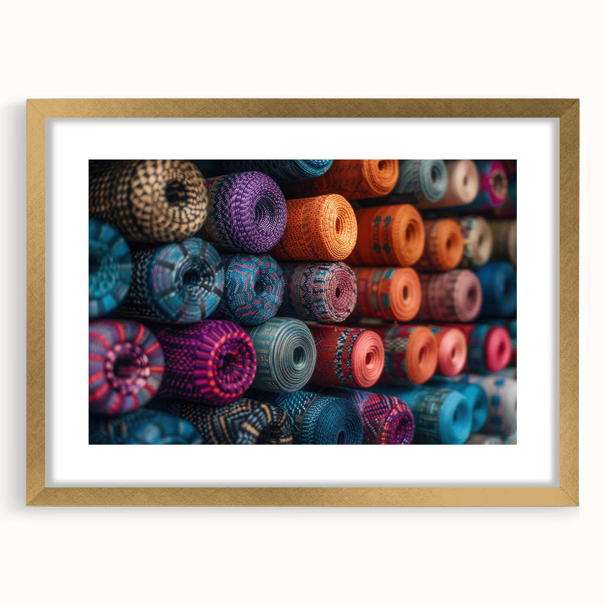Extra large abstract art print depicting a textured Central American landscape in earth tones, framed in gold.