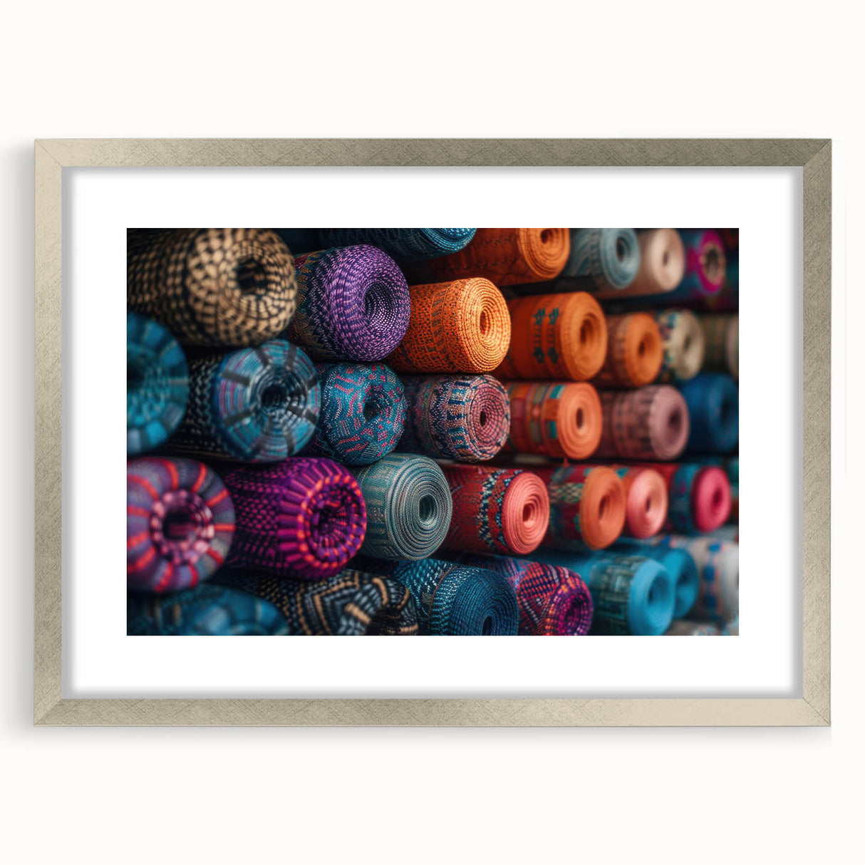 Textured abstract art print of Central American scenery in muted earth tones, framed in silver, ideal for bedroom art.