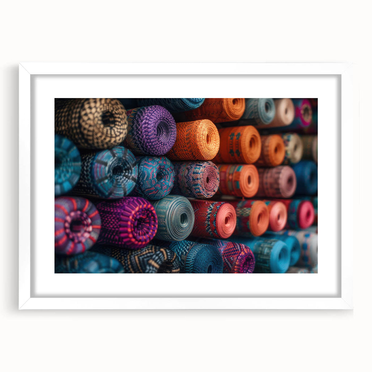 Abstract art print featuring a vibrant blend of warm colors on a framed white canvas, ideal for bedroom or dining room decor.