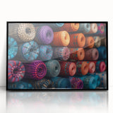 Large abstract wall art depicting a vibrant Guatemalan landscape, in mid-century modernist style on a black framed acrylic.