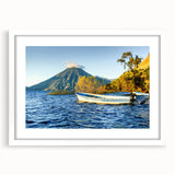 Extra large abstract art print of Central American scenery in muted earth tones, framed with a white mat.