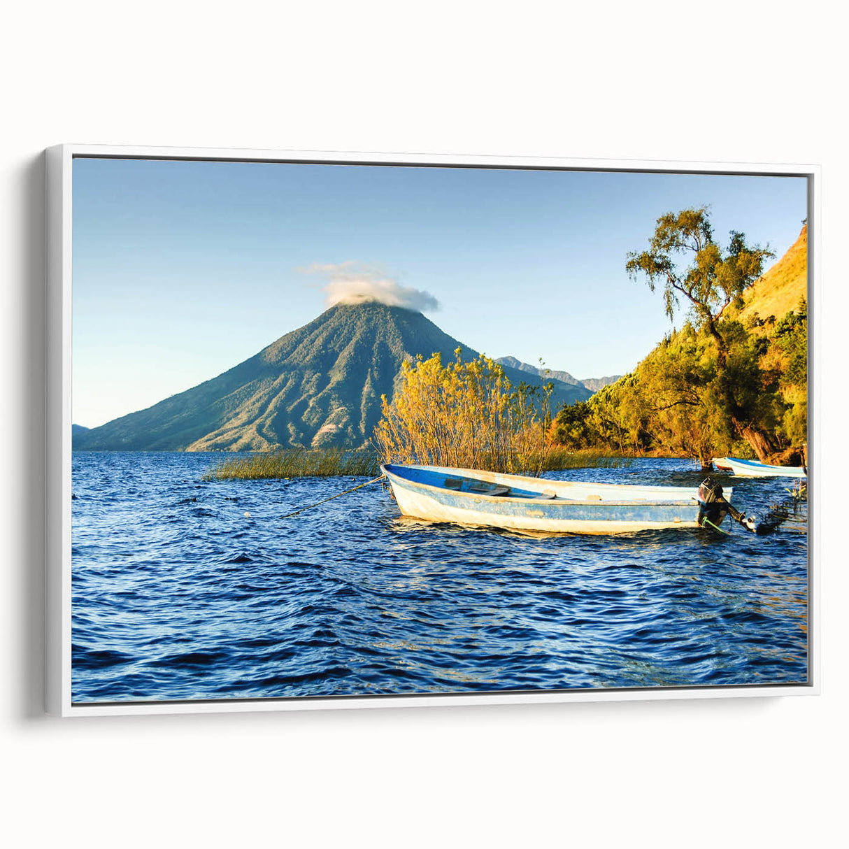 Vintage poster art of a vibrant Central American scenery on a framed canvas, ideal for living room decor.