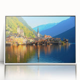 Mid-century modernist art depicting a serene Austrian landscape in muted earth tones on a framed acrylic print.