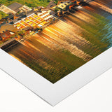 Art deco poster featuring a scenic Austrian landscape in muted green and blue tones on rolled canvas.