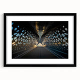 Extra large abstract art print of a colorful European scenery on a black framed canvas, ideal for living room decor.