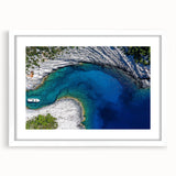 Textured art print of an abstract Croatian landscape in muted earth tones on a framed white mat, ideal for bedroom art.