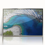 Large art print of a European Croatian scenery in muted earth tones on a silver-framed acrylic.