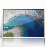 Mid-century modernist art depicting a European Croatian landscape in muted earth tones on a framed acrylic print.