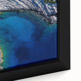 Black wall art featuring a textured depiction of a European Croatian landscape on a framed canvas, using vibrant colors.