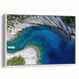 Vintage poster art of a scenic Croatian landscape on framed canvas, featuring vibrant colors, ideal for living room decor.