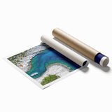 Extra large rolled print of a Croatian landscape with vibrant floral elements, suitable for classy bathroom wall art.