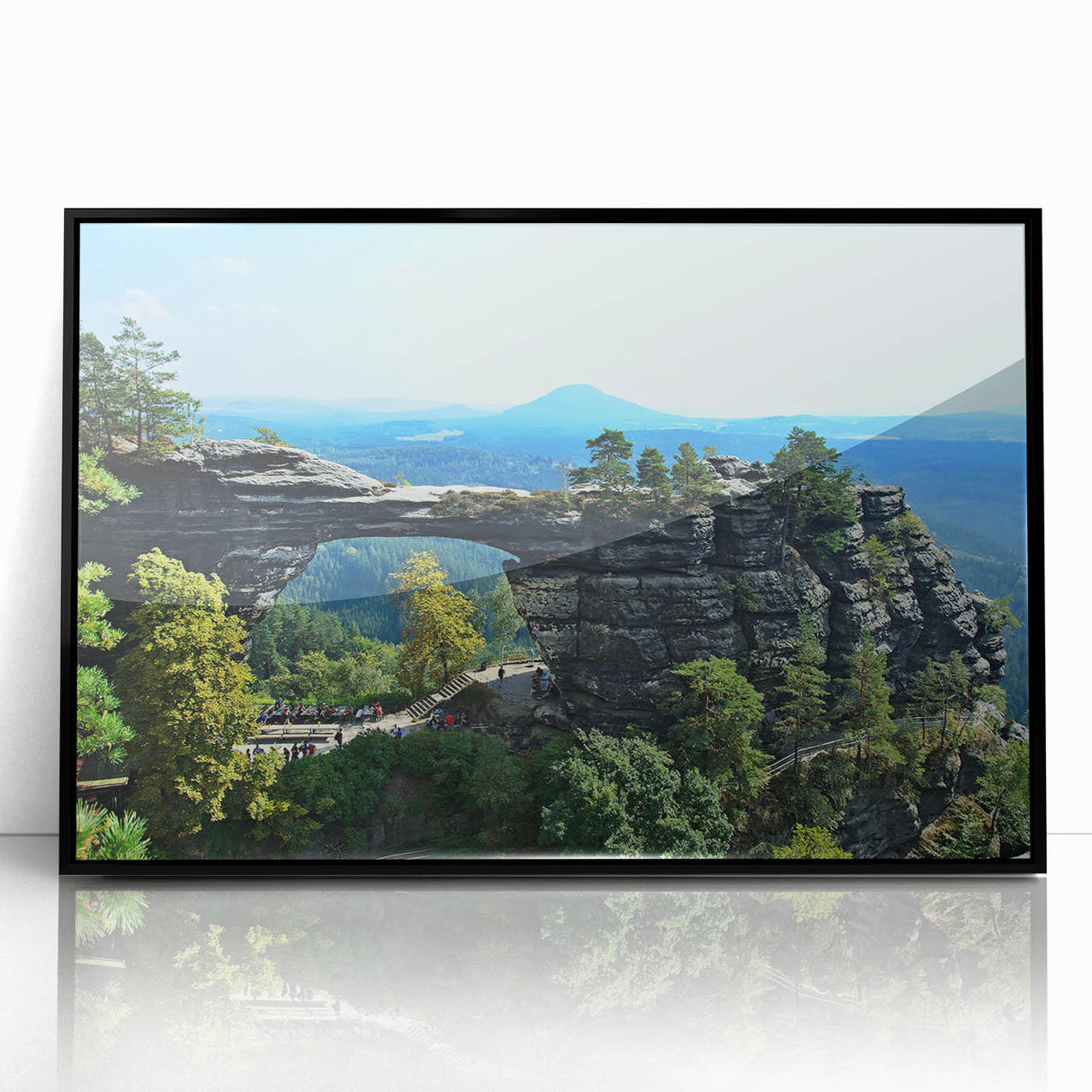 Large abstract wall art depicting a European scenery in black acrylic frame, ideal for modern living room decor.