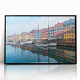 Large abstract wall art featuring a mid-century modernist depiction of a European scenery in black and white tones.
