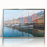 Large art print of a European Denmark scenery in mid-century modernist style, framed in silver acrylic.