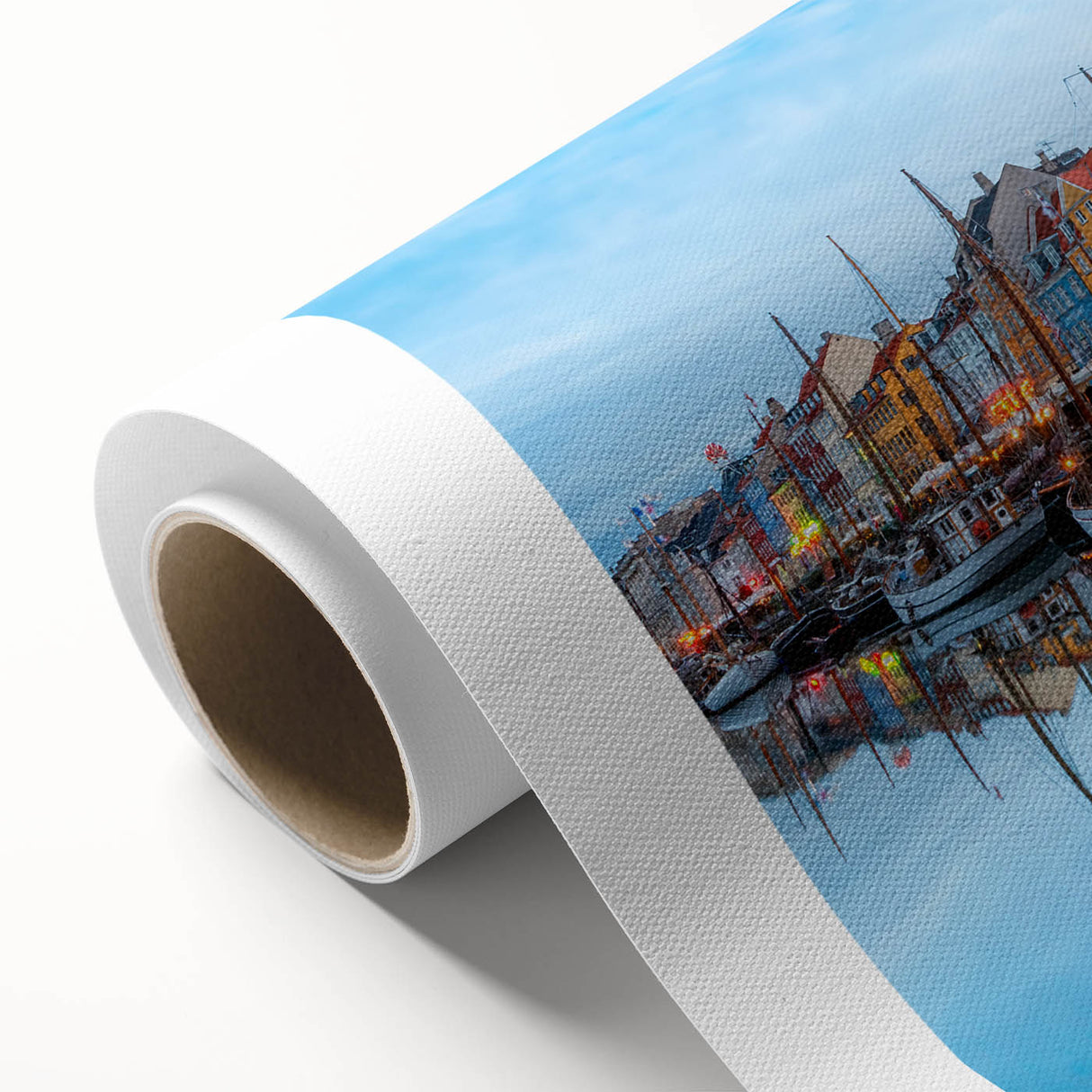 Art Deco poster of a serene Danish landscape in soft pastel colors on rolled canvas, ideal for nursery wall art.