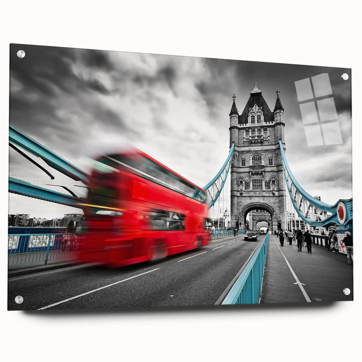 Acrylic print of a London cityscape in muted gray and blue tones, suitable for bedroom or dining room decor.