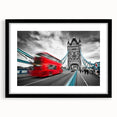 Extra large abstract art print of a colorful London skyline, textured on a framed black mat, ideal for living room decor.